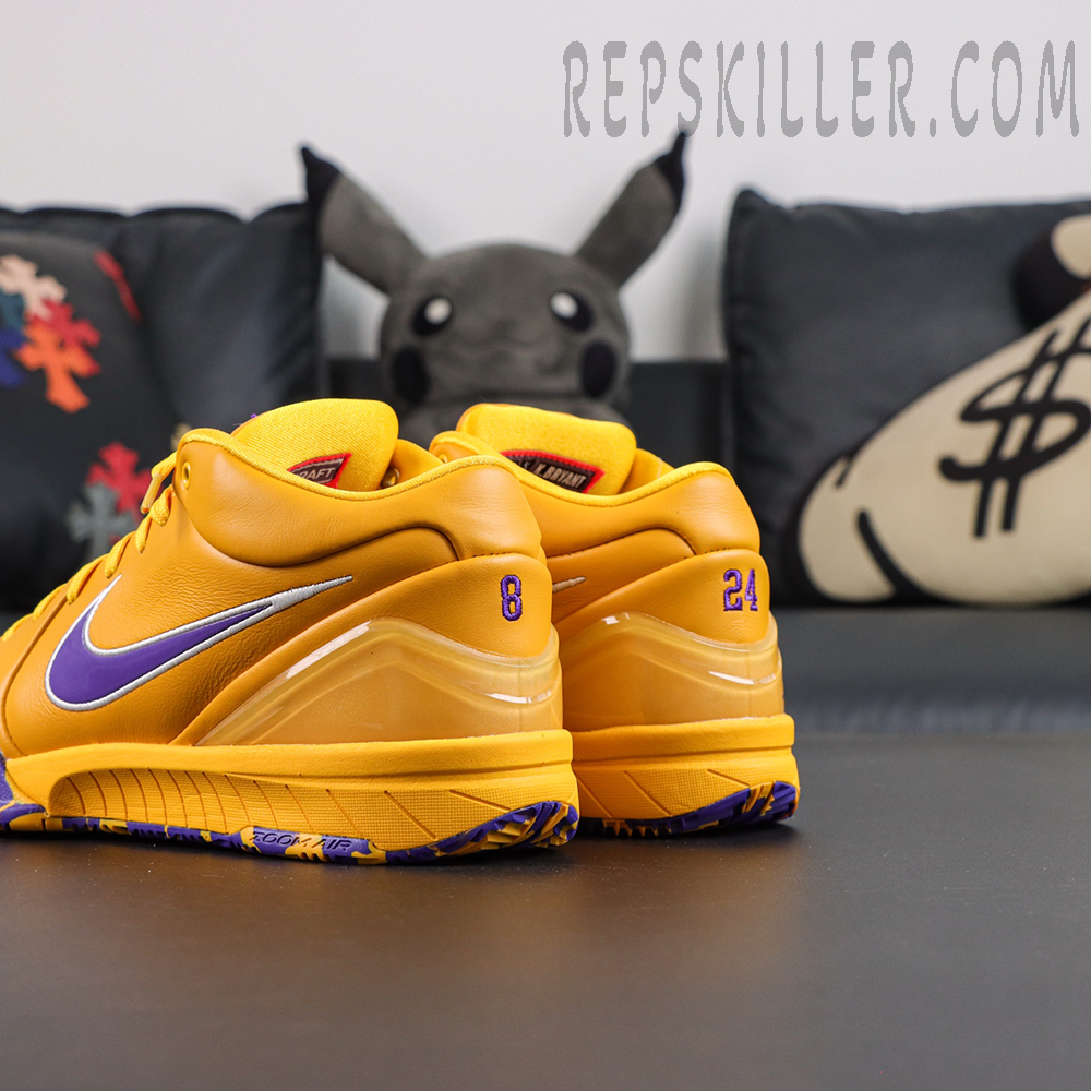 Nike Zoom Kobe 4 Protro Draft Day Pack Lakers heel detail featuring embroidered 8 and 24 tribute numbers