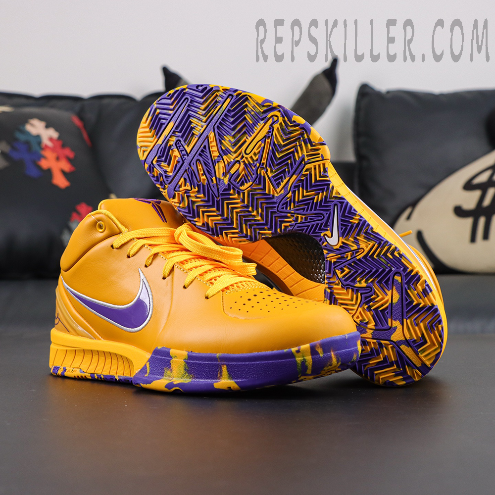 Nike Zoom Kobe 4 Protro Draft Day Pack Lakers outsole display featuring herringbone traction pattern and purple gold colorway