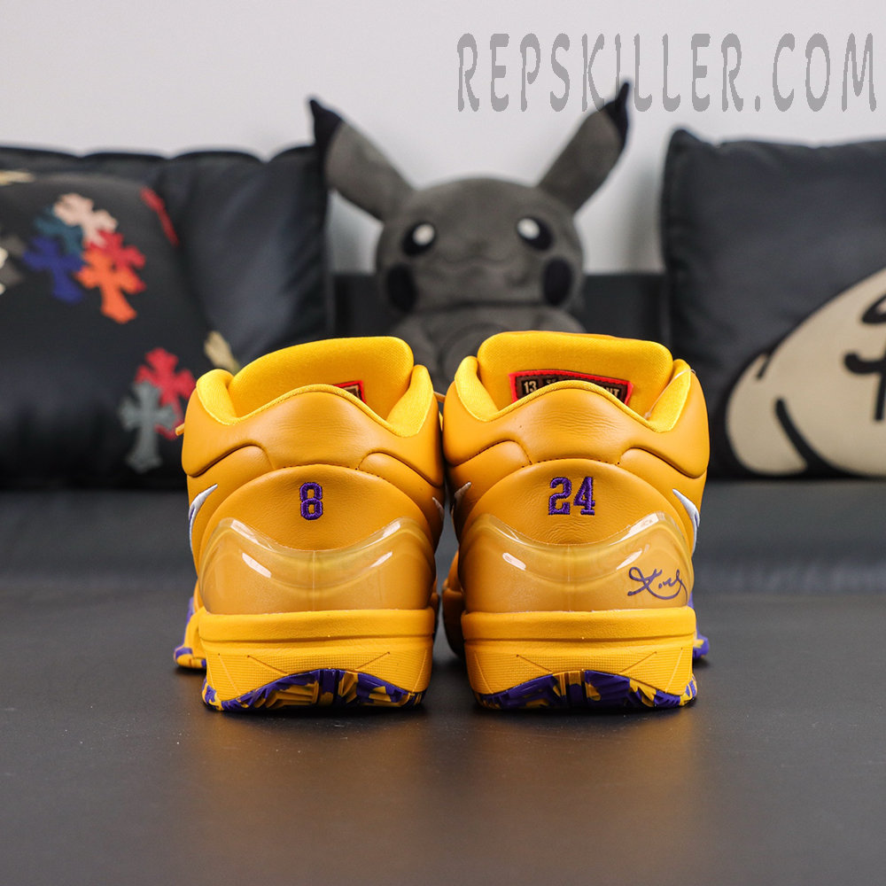 Nike Zoom Kobe 4 Protro Draft Day Pack Lakers rear view featuring translucent heel counter and Kobe signature detail