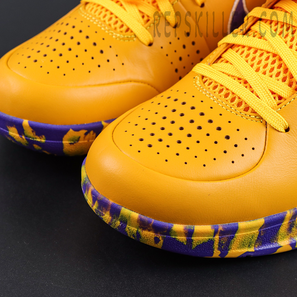 Nike Zoom Kobe 4 Protro Draft Day Pack Lakers toe detail featuring perforated leather upper and purple gold splatter outsole