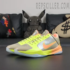 Nike Zoom Kobe 5 Protro The Academy PE front angle featuring neon yellow and grey upper with orange Swoosh