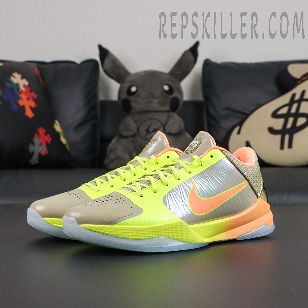 Nike Zoom Kobe 5 Protro The Academy PE front angle featuring neon yellow and grey upper with orange Swoosh