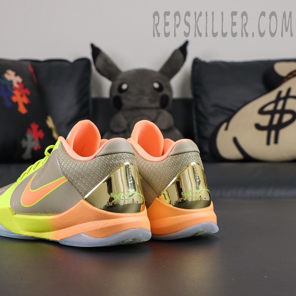 Nike Zoom Kobe 5 Protro The Academy PE heel view featuring metallic heel counter with Kobe signature detail