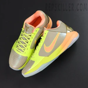 Nike Zoom Kobe 5 Protro The Academy PE top view featuring low top basketball design with neon yellow and grey upper