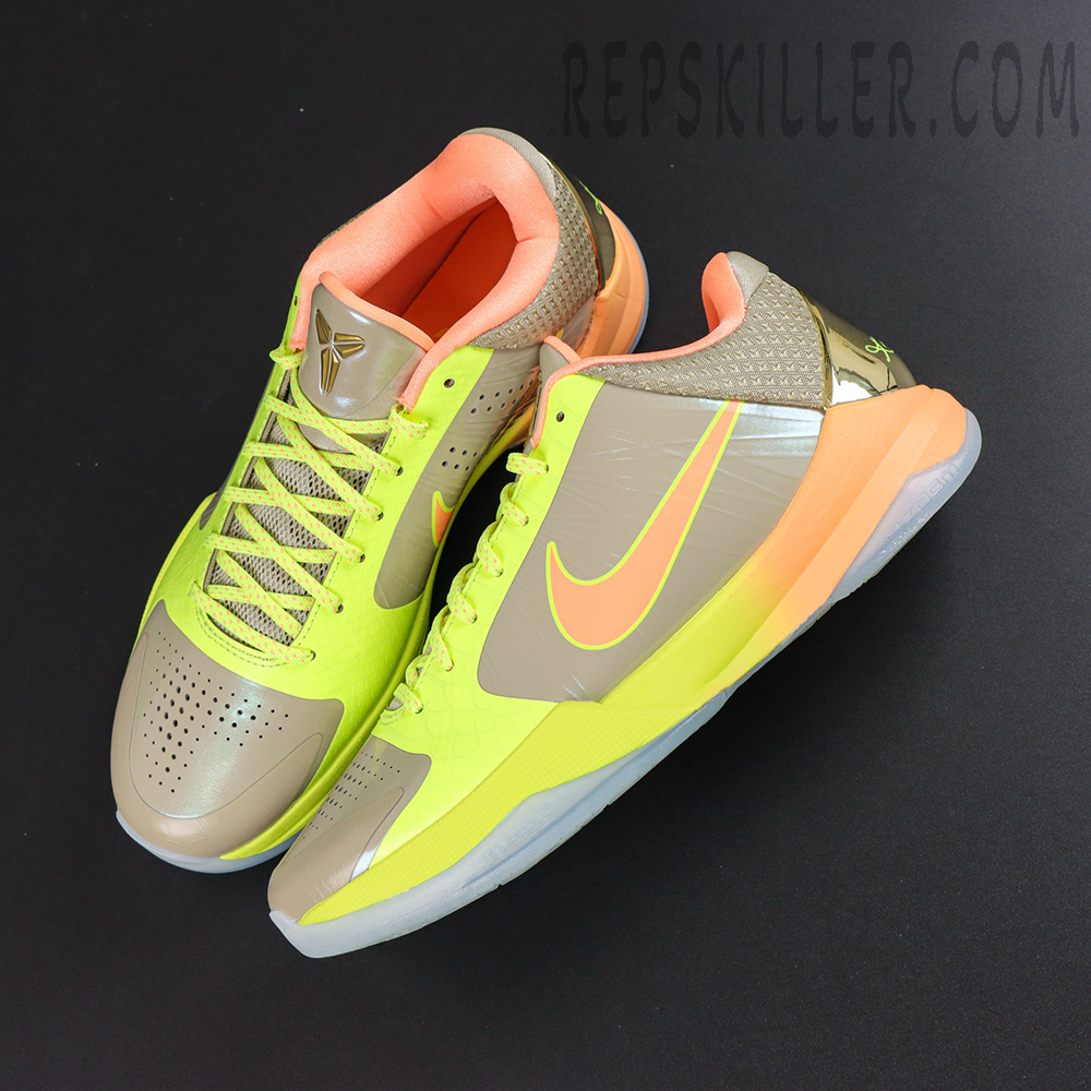 Nike Zoom Kobe 5 Protro The Academy PE top view featuring low top basketball design with neon yellow and grey upper