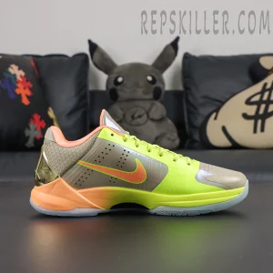 Nike Zoom Kobe 5 Protro The Academy PE lateral side profile featuring neon yellow upper with orange Nike Swoosh detail