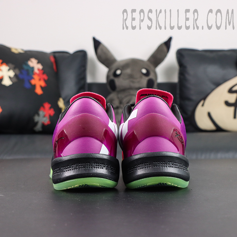 Kobe 8 “Mambacurial” rear view showcasing the purple gradient heel, black midsole, and volt green outsole with supportive heel construction