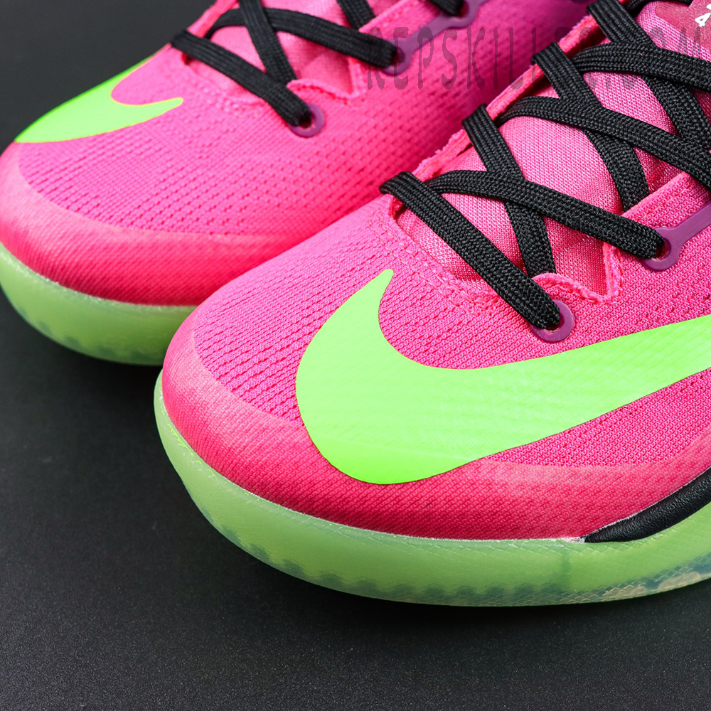Kobe 8 “Mambacurial” toe box detail highlighting the engineered mesh upper, volt green Swoosh, and black laces for lightweight breathability
