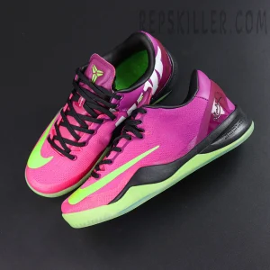 Kobe 8 “Mambacurial” top view featuring a gradient mesh upper, black laces, and volt green Kobe logo for a fast, dynamic look