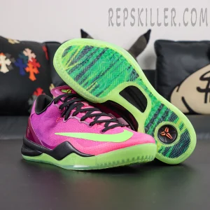 Kobe 8 “Mambacurial” front view featuring a pink-to-purple gradient upper with a volt green Swoosh and translucent outsole inspired by soccer boots
