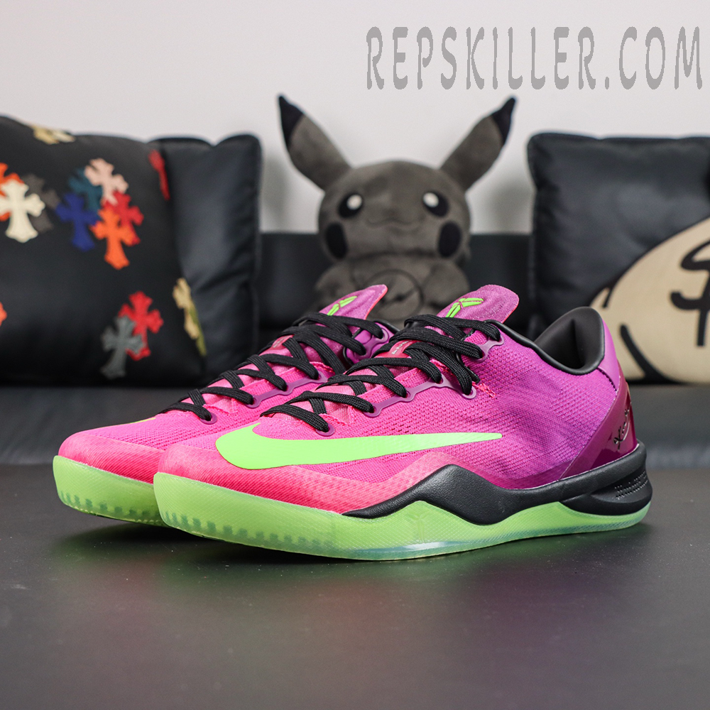 Kobe 8 “Mambacurial” angled side view featuring a pink and purple upper, volt green Swoosh, and lightweight low-top basketball silhouette