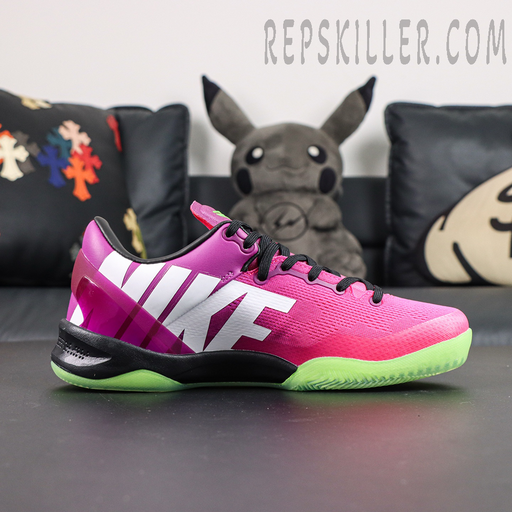 Kobe 8 “Mambacurial” medial side view featuring oversized NIKE branding, gradient upper, and black midsole for a signature look