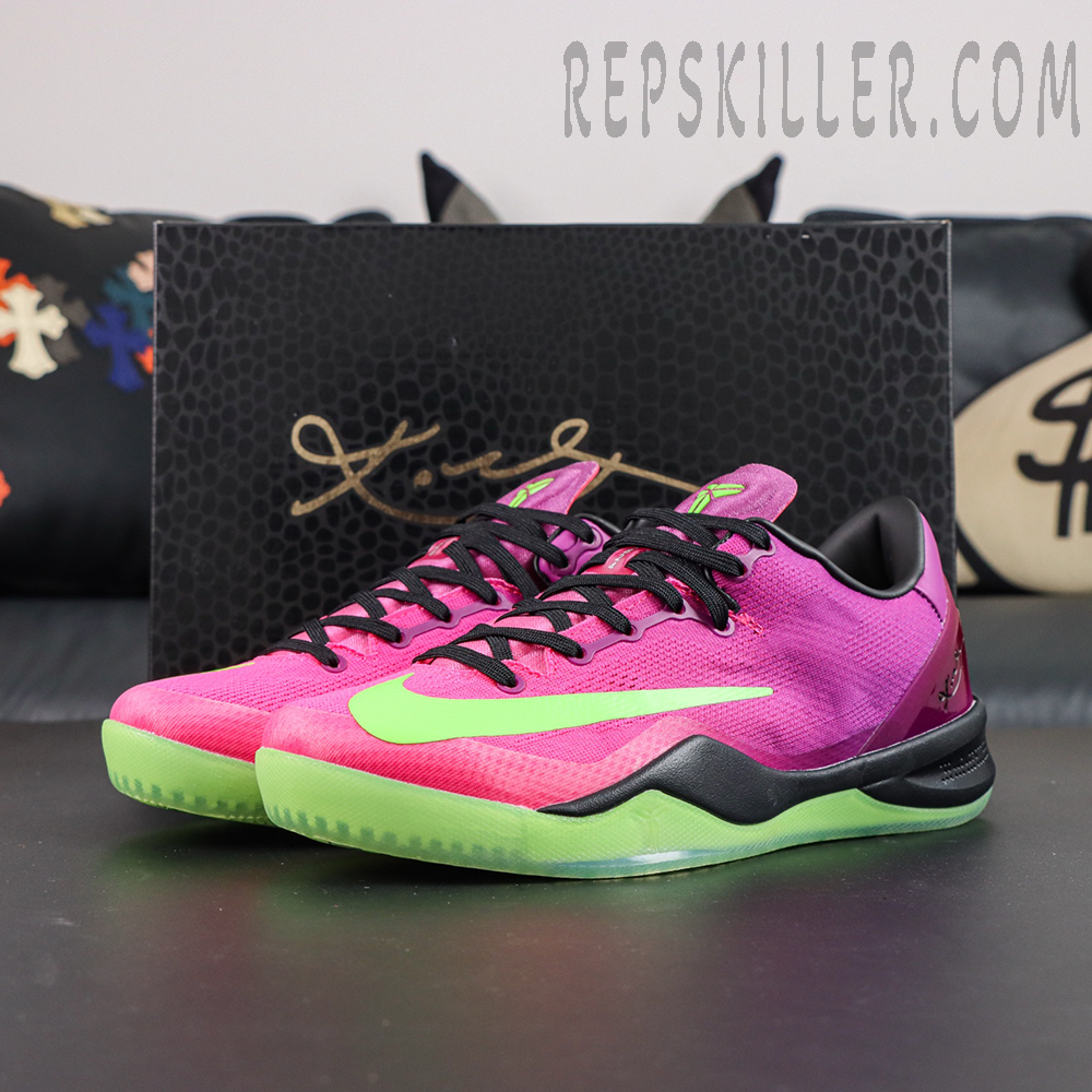 Kobe 8 “Mambacurial” display with the signature Kobe shoe box, featuring the pink gradient upper and volt green accents for a complete presentation