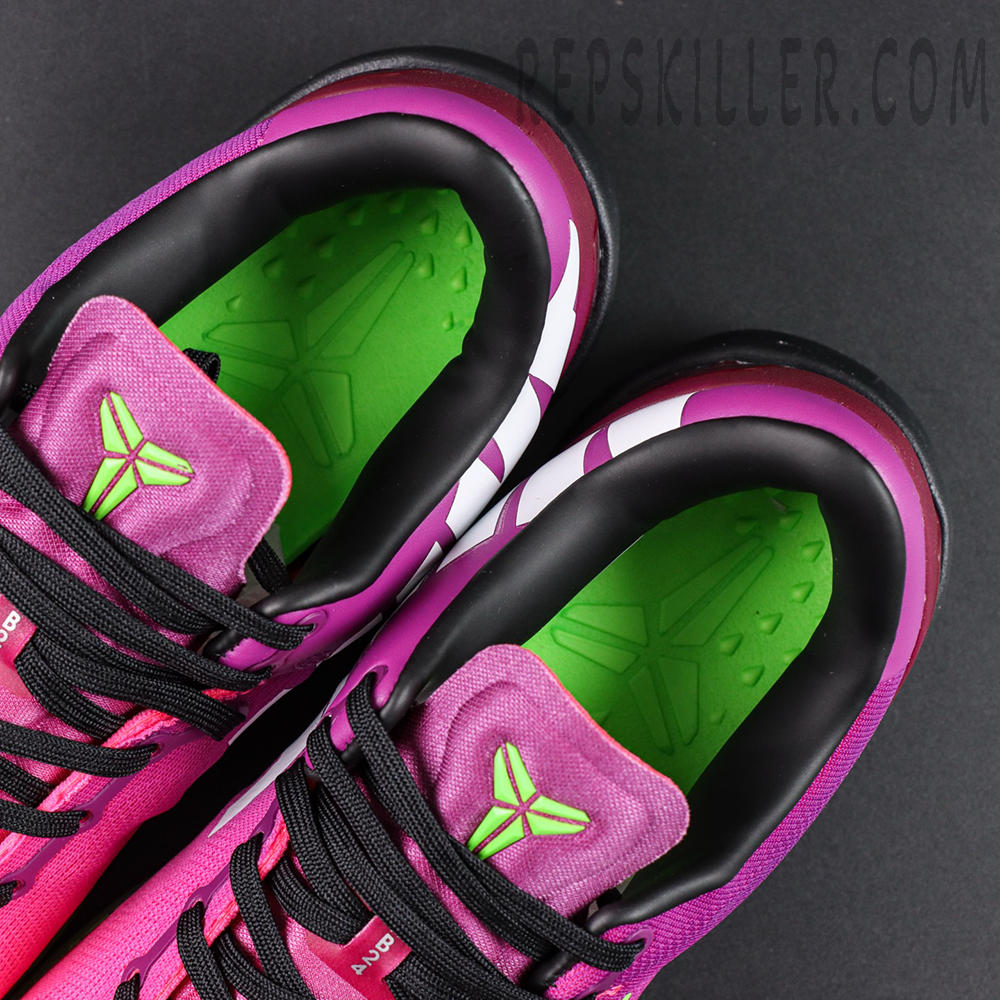 Kobe 8 “Mambacurial” collar and insole detail featuring a padded black lining, volt green insole, and Kobe logo for enhanced comfort and support