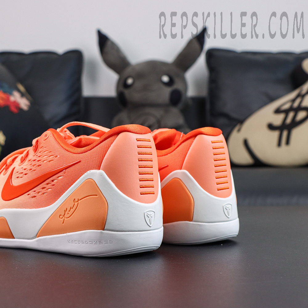 Nike Kobe 9 Elite Low EM Protro “WNBA” rear side view featuring an orange and white heel support structure with Kobe signature detailing for stability and style