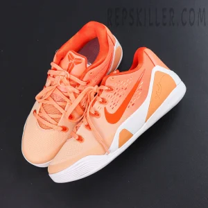 Nike Kobe 9 Elite Low EM Protro “WNBA” top view featuring a coral orange upper, Kobe Shield tongue logo, and streamlined lacing system for secure lockdown
