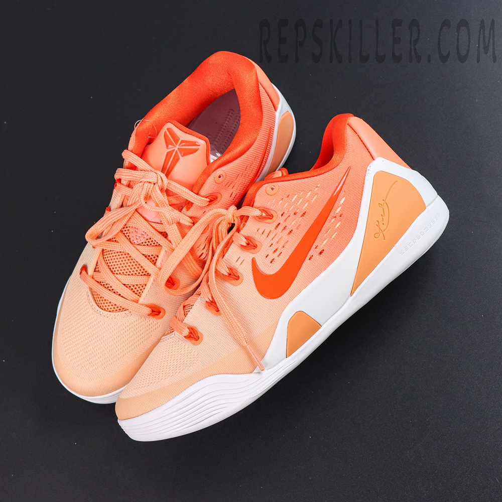 Nike Kobe 9 Elite Low EM Protro “WNBA” top view featuring a coral orange upper, Kobe Shield tongue logo, and streamlined lacing system for secure lockdown