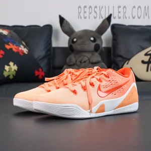 Nike Kobe 9 Elite Low EM Protro “WNBA” angled view featuring a lightweight upper, white midsole, and bright orange Swoosh for agility and stability