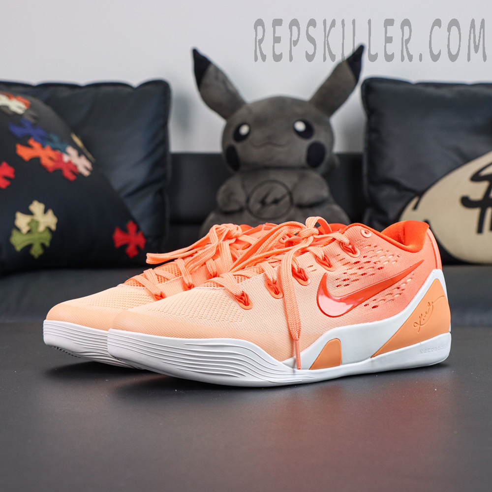 Nike Kobe 9 Elite Low EM Protro “WNBA” angled view featuring a lightweight upper, white midsole, and bright orange Swoosh for agility and stability
