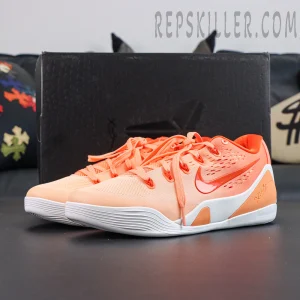 Nike Kobe 9 Elite Low EM Protro “WNBA” front angle featuring the coral orange basketball shoe displayed with the signature Kobe shoe box for a lightweight performance look