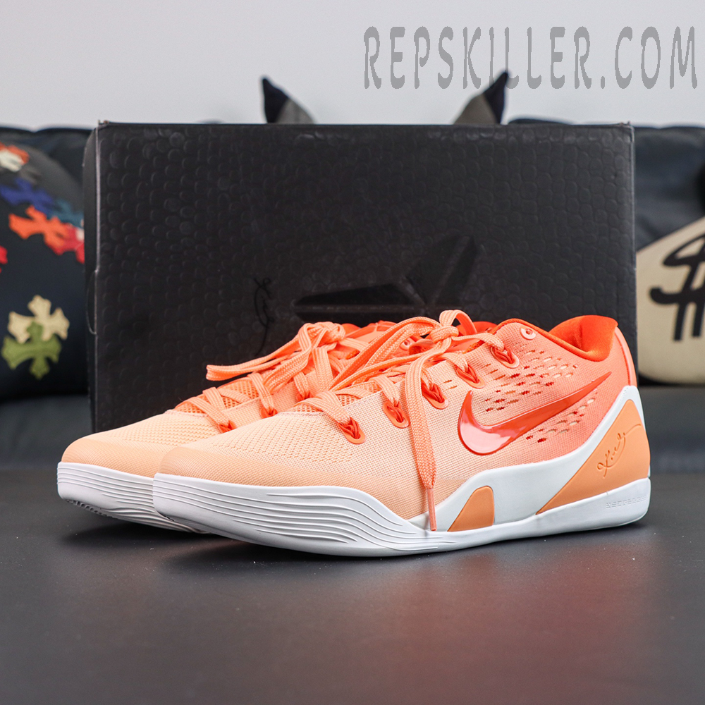 Nike Kobe 9 Elite Low EM Protro “WNBA” front angle featuring the coral orange basketball shoe displayed with the signature Kobe shoe box for a lightweight performance look