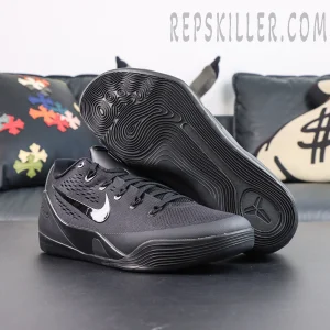 Kobe 9 Elite Low EM TB P Black outsole view featuring black rubber traction pattern and durable grip design