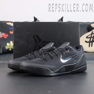 Kobe 9 Elite Low EM TB P Black display with box featuring the black sneaker and classic Kobe series elements