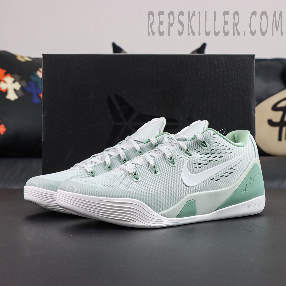 Kobe 9 Low EM Protro “Light Silver” angled view featuring a light silver upper, white midsole, and Kobe signature detail for a clean modern look