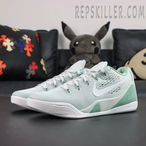 Kobe 9 Low EM Protro “Light Silver” front angled view showcasing the engineered mesh upper and Flywire lacing system for breathable support