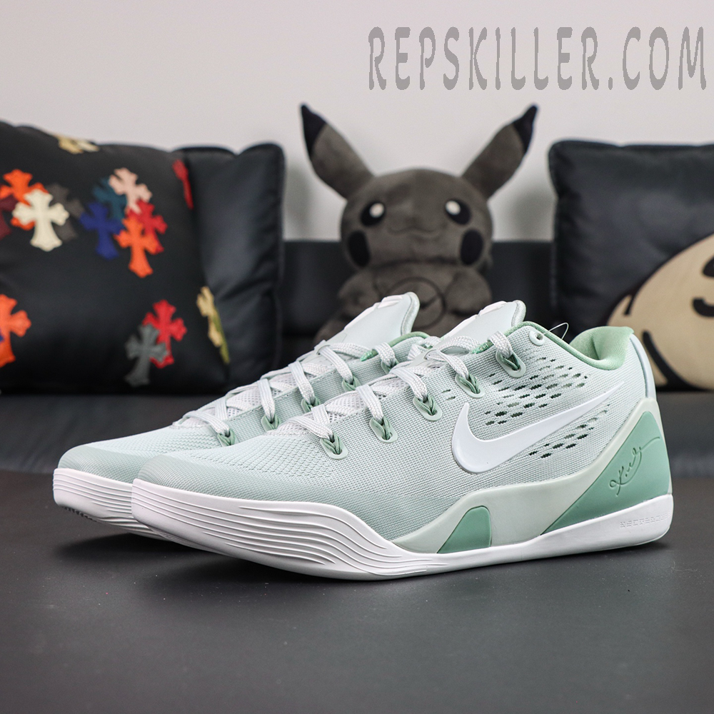 Kobe 9 Low EM Protro “Light Silver” front angled view showcasing the engineered mesh upper and Flywire lacing system for breathable support