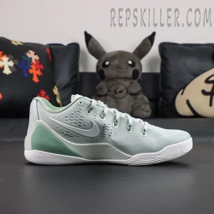 Kobe 9 Low EM Protro “Light Silver” lateral profile featuring a large white Swoosh and a streamlined low-profile midsole design