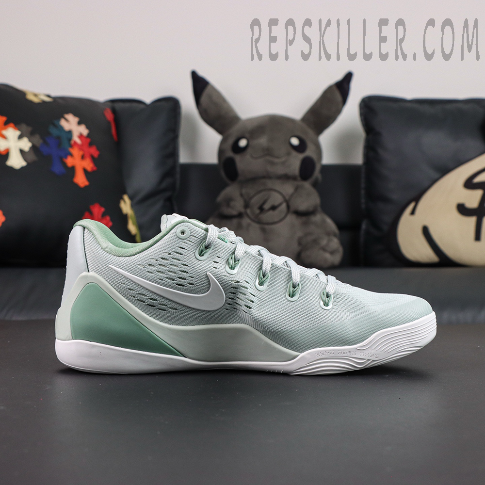 Kobe 9 Low EM Protro “Light Silver” lateral profile featuring a large white Swoosh and a streamlined low-profile midsole design