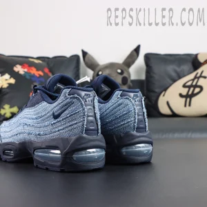 Levi’s x Air Max 95 OG “Obsidian” rear angled detail highlighting frayed denim layers, navy heel construction, and visible Air cushioning