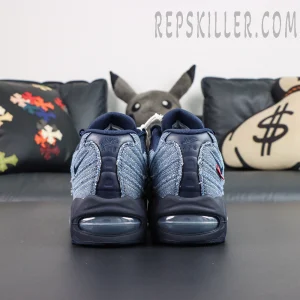 Levi’s x Air Max 95 OG “Obsidian” rear view showcasing the denim heel, visible Air Max cushioning, and signature Levi’s red tab detail