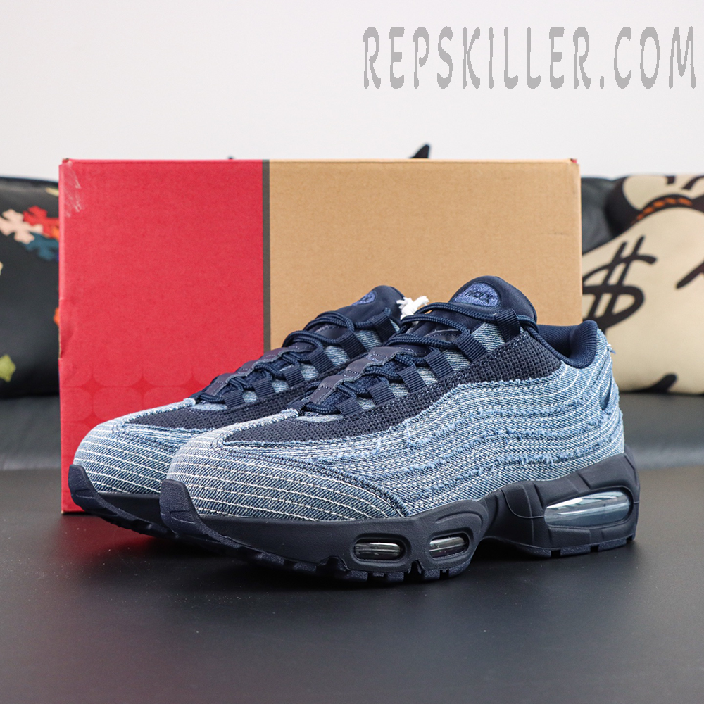 Levi’s x Air Max 95 OG “Obsidian” angled side view featuring layered denim panels, a navy midsole, and visible Air Max cushioning