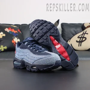 Levi’s x Air Max 95 OG “Obsidian” top view featuring layered denim textures, navy laces, and the signature Air Max tongue branding
