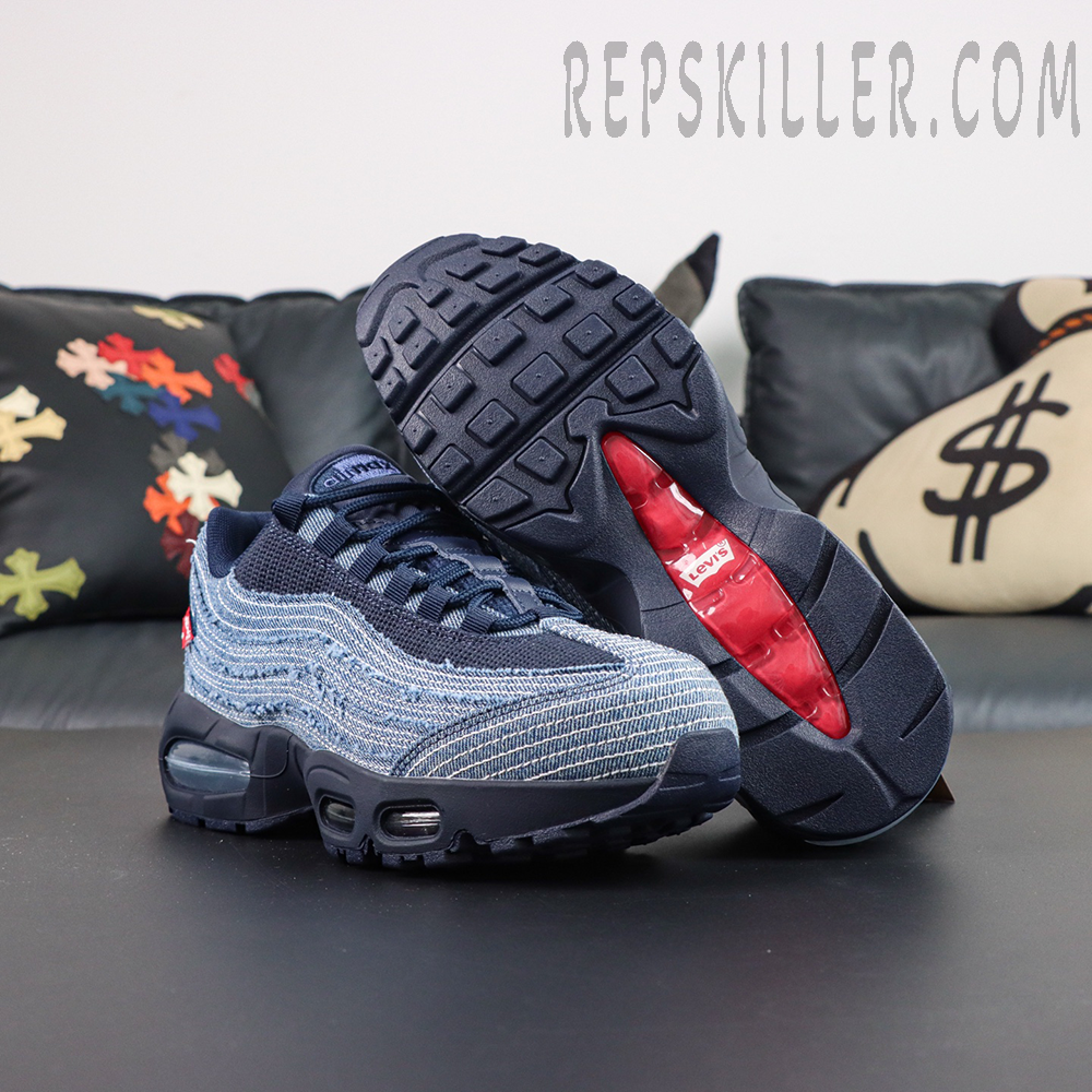 Levi’s x Air Max 95 OG “Obsidian” top view featuring layered denim textures, navy laces, and the signature Air Max tongue branding