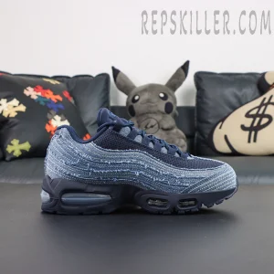 Levi’s x Air Max 95 OG “Obsidian” lateral side view featuring layered light blue denim, a navy Swoosh, and full-length visible Air Max cushioning