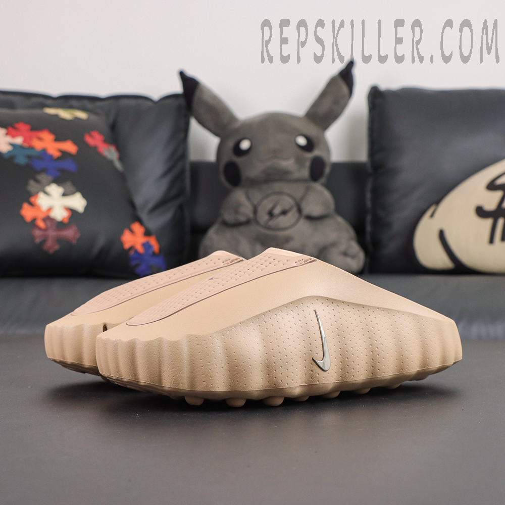 Nike Mind 001 ‘Hemp’ front side view featuring a tonal tan colorway and streamlined molded silhouette