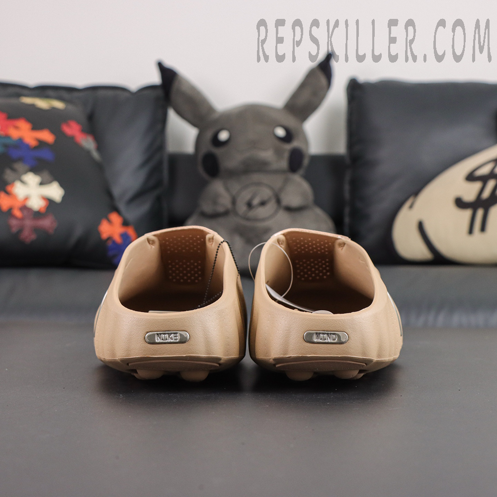 Nike Mind 001 ‘Hemp’ rear view featuring an open slip-on design with metallic Nike Mind heel branding