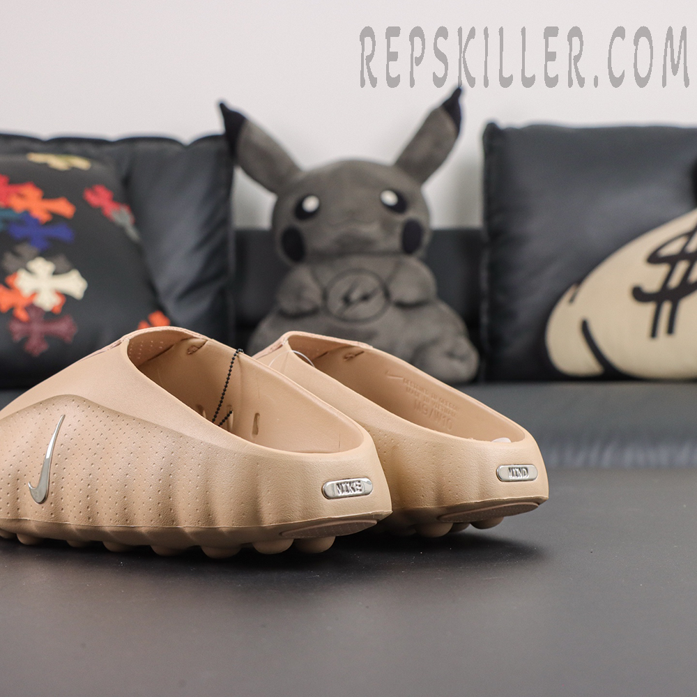 Nike Mind 001 ‘Hemp’ rear quarter view featuring tan construction with metallic Swoosh and Nike Mind branding