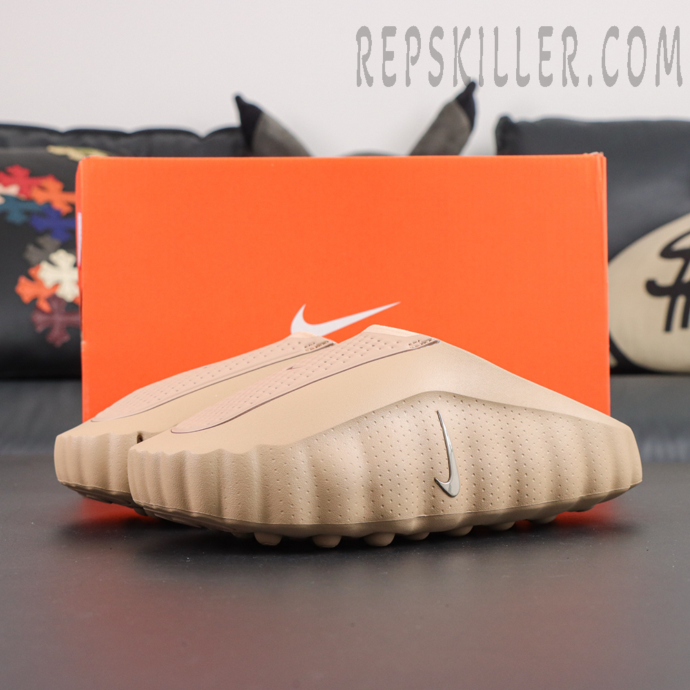 Nike Mind 001 ‘Hemp’ with Nike shoe box featuring a tan slip-on design, metallic Swoosh and sculpted sole