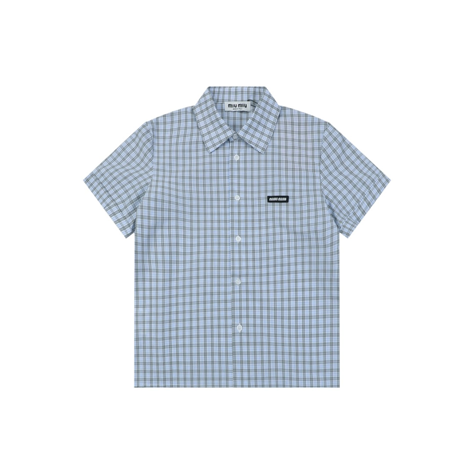 Miu Miu Blue Grey Check T-Shirt Front view