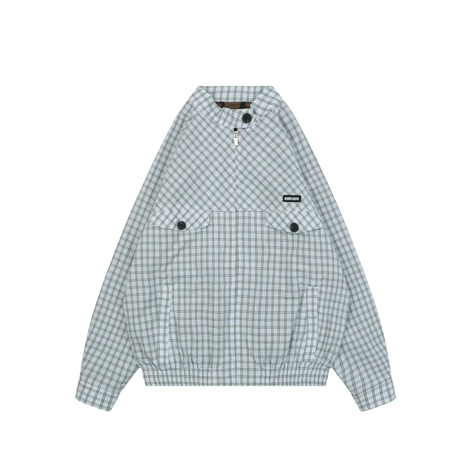 Miu Miu Blue Grey Vichy Check Blouson Jacket Front view