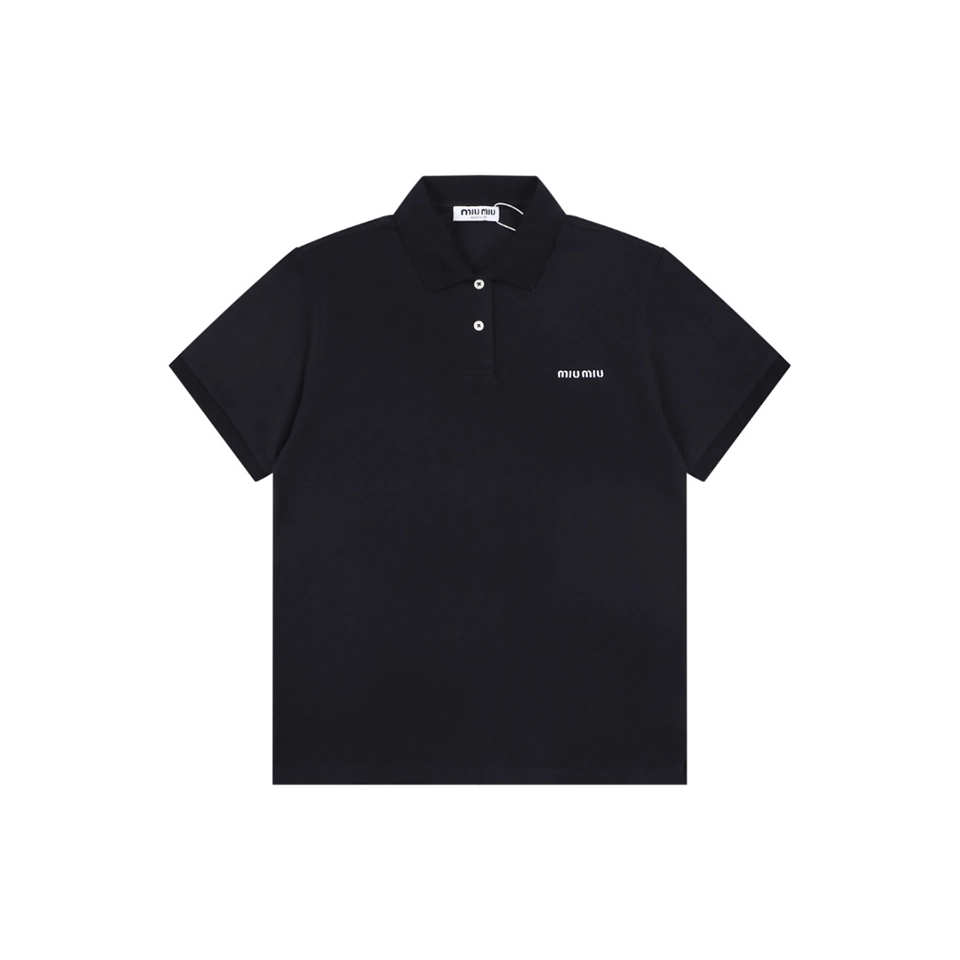 Miu Miu Logo Embroidered Polo T-Shirt Black Front view