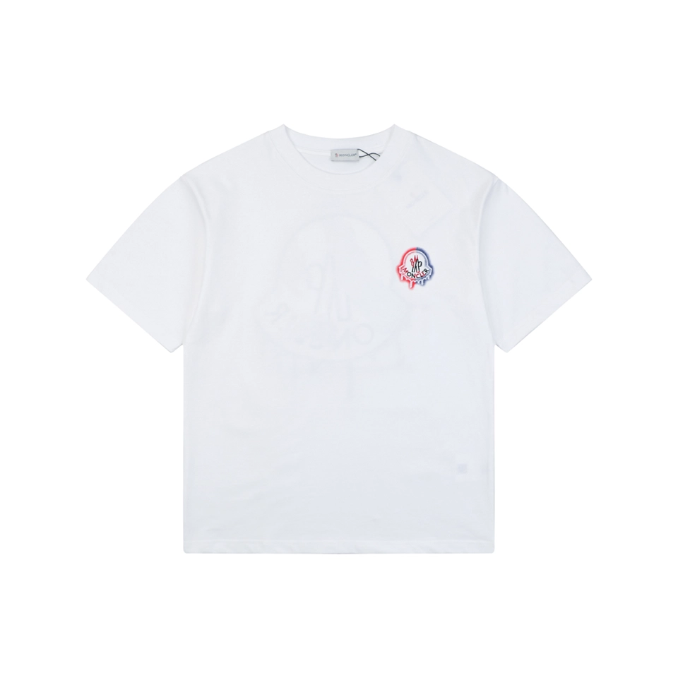 Moncler Red & Blue Gradient Embroidered Logo T-Shirt White Front view