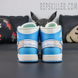 Off-White x Air Jordan 1 Retro High OG UNC rear view featuring blue and white color blocking with classic Air Jordan high-top silhouette