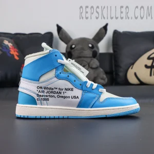 Off-White x Air Jordan 1 Retro High OG UNC lateral view featuring signature oversized Swoosh and printed text details