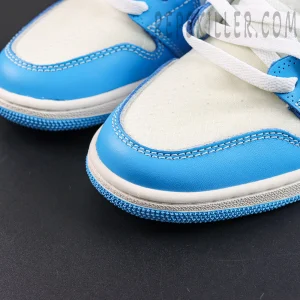 Off-White x Air Jordan 1 Retro High OG UNC toe detail featuring University Blue leather overlays and white laces