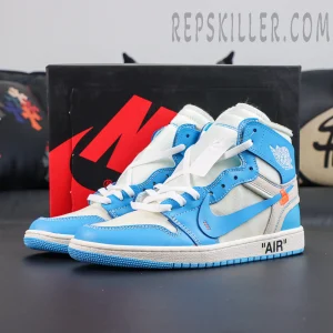 Off-White x Air Jordan 1 Retro High OG UNC side profile featuring University Blue leather panels, translucent mesh and iconic deconstructed design